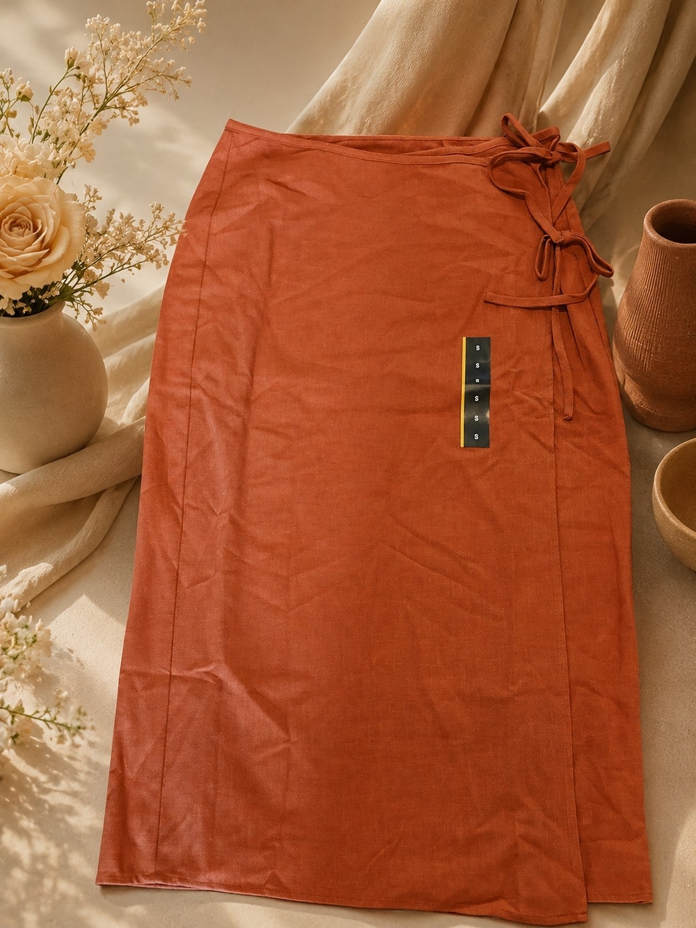 Women's Mandarin Rust Mid-Rise Linen Midi Wrap Skirt - Future Collective Small
